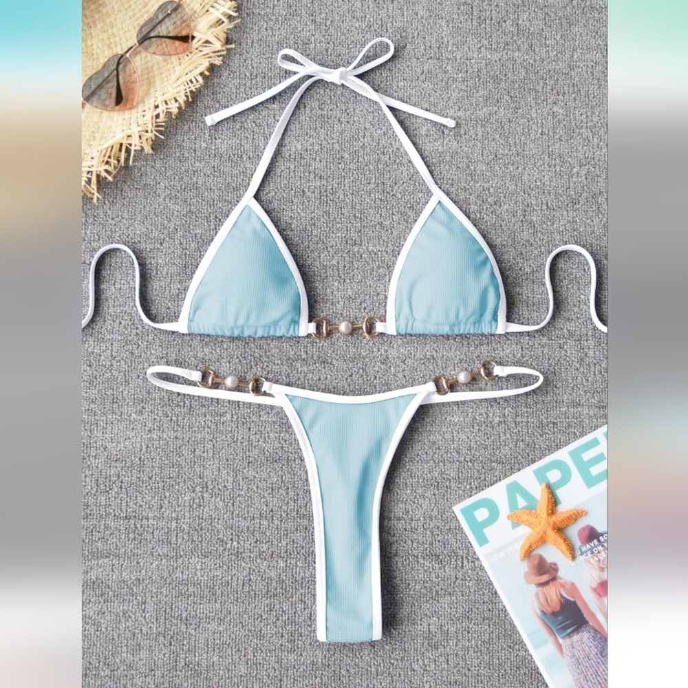 Blue Bikini Set with Gold & Pearl Accents